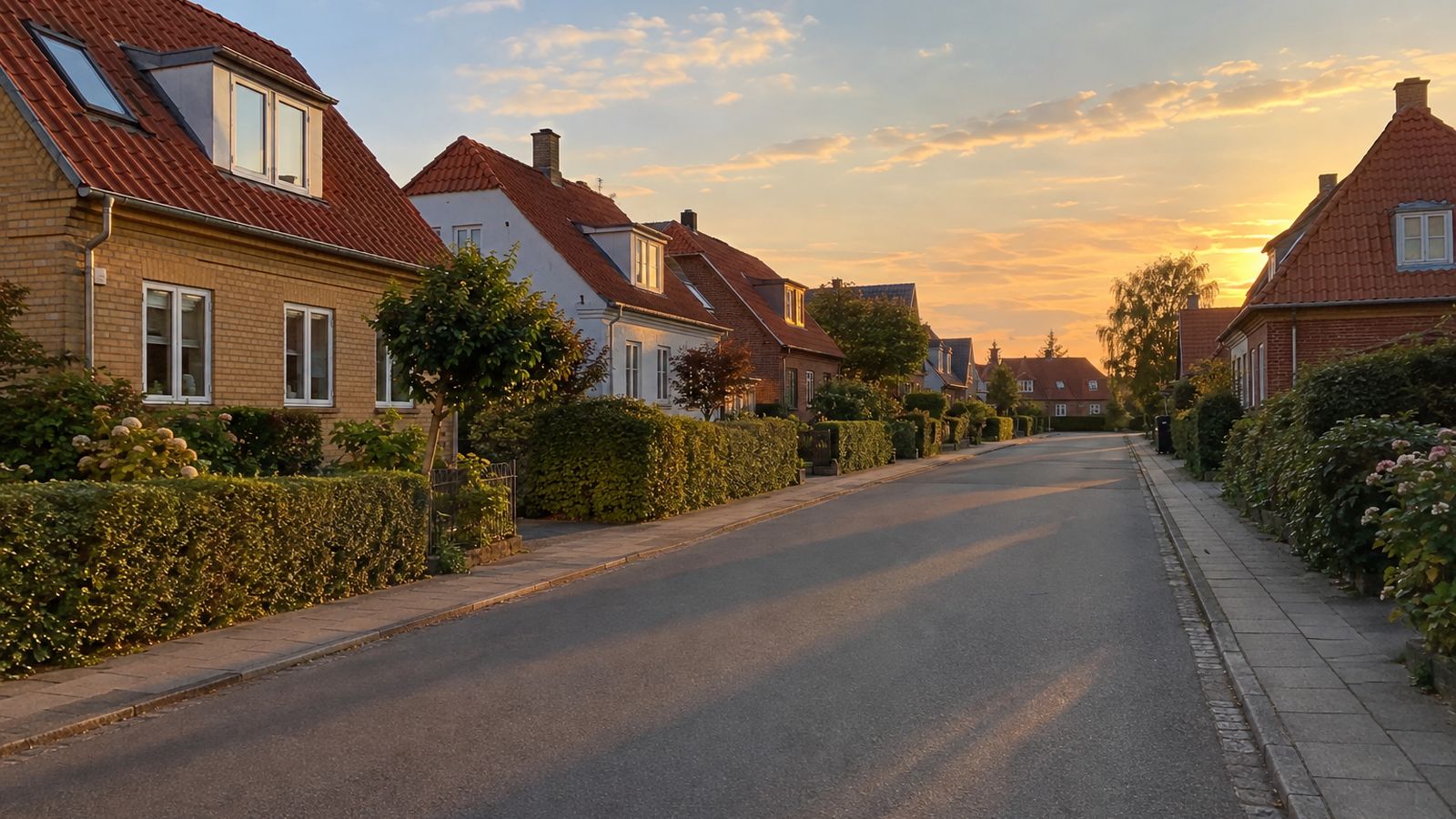 Røde tegl på et færdigt dansk tag i blødt dagslys