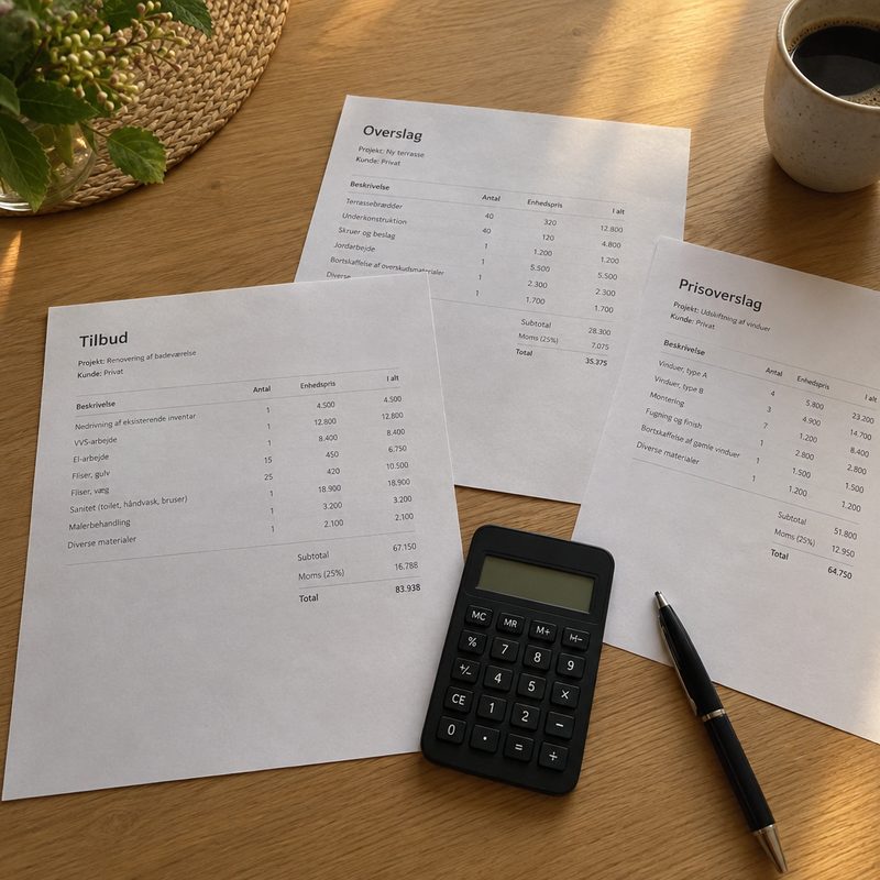 Køkkenbord med tilbudsark, lommeregner og notepapir klar til fradragsopgørelsen